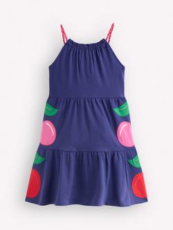 Mini Boden Kids' Enola Cotton Appliqué Tiered Dress, Blue Giant Cherries - view 2, Blue Giant Cherries