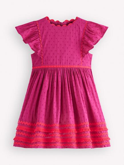 Mini Boden Kids' Cotton Flutter Sleeve Dress, Bright Pink, Bright Pink