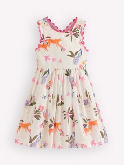 Mini Boden Kids' Harper Cotton Cross-Back Dress, Soft Ivory Jungle, Soft Ivory Jungle