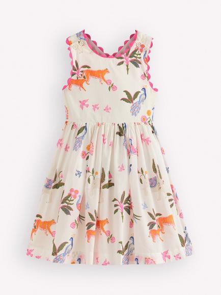 Mini Boden Kids' Harper Cotton Cross-Back Dress, Soft Ivory Jungle, Soft Ivory Jungle
