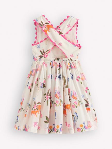 Mini Boden Kids' Harper Cotton Cross-Back Dress, Soft Ivory Jungle - view 2, Soft Ivory Jungle