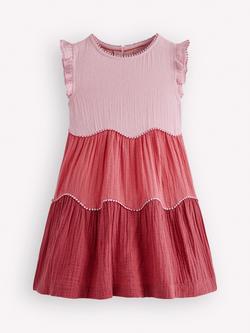 Mini Boden Kids' Cotton Double Cloth Scallop Tiered Dress, Spring Colourblock, Spring Colourblock