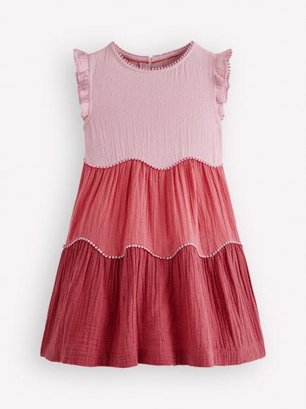 Mini Boden Kids' Cotton Double Cloth Scallop Tiered Dress, Spring Colourblock, Spring Colourblock