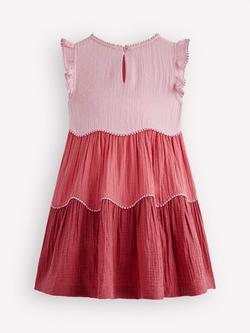 Mini Boden Kids' Cotton Double Cloth Scallop Tiered Dress, Spring Colourblock - view 2, Spring Colourblock
