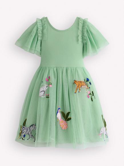 Mini Boden Kids' Tulle Short Sleeve Party Dress, Green Jungle Animals, Green Jungle Animals