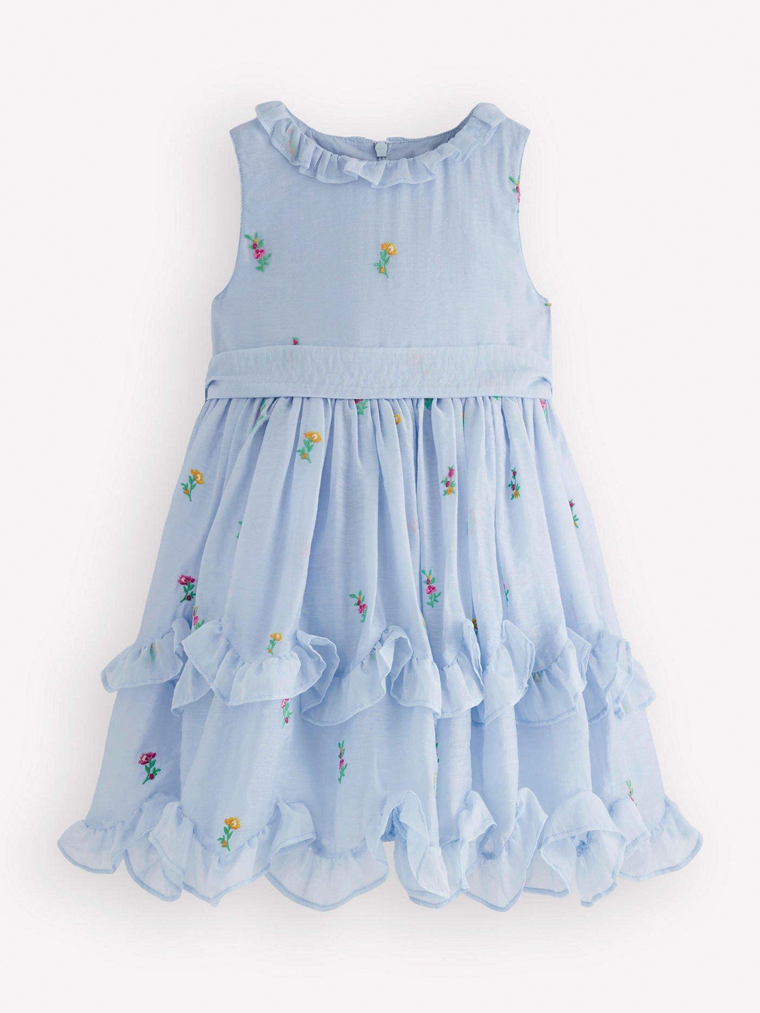 Mini Boden Kids' Floral Embroidered Tiered Ruffle Dress, Misty Blue