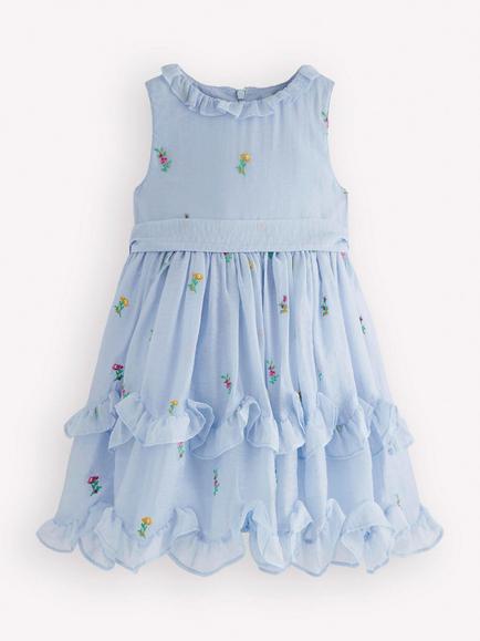 Mini Boden Kids' Floral Embroidered Tiered Ruffle Dress, Misty Blue, Misty Blue