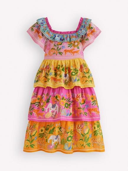 Mini Boden Kids' Cotton Tiered Ruffle Dress, Yellow Jungle Animal, Yellow Jungle Animal