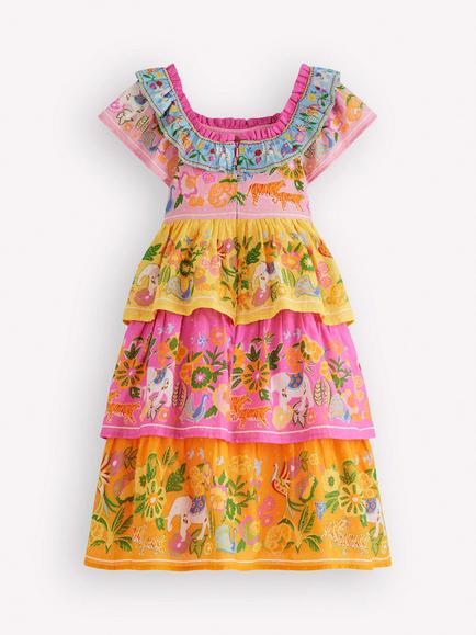 Mini Boden Kids' Cotton Tiered Ruffle Dress, Yellow Jungle Animal - view 2, Yellow Jungle Animal