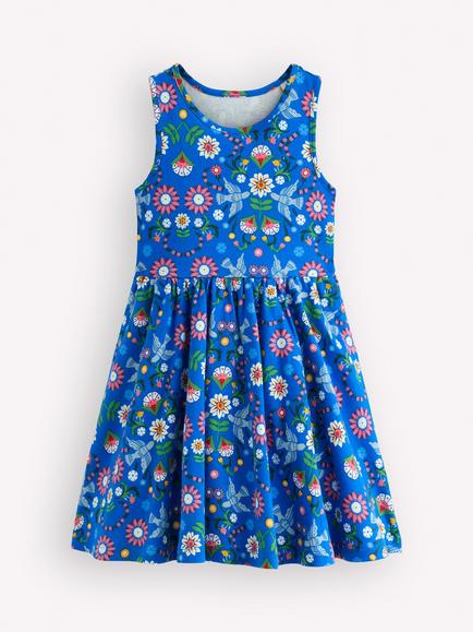 Mini Boden Kids' Cotton Jersey Twirly Dress, Blue Bird Flora, Blue Bird Floral