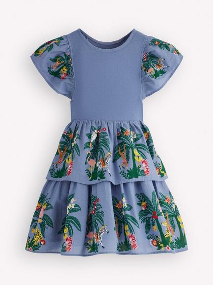 Mini Boden Kids' Twirly Tiered Dress,  Blue Jungle Trellis, Blue Jungle Trellis