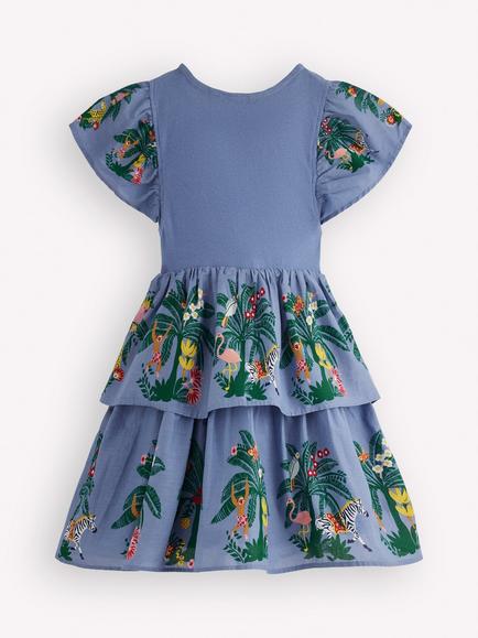 Mini Boden Kids' Twirly Tiered Dress,  Blue Jungle Trellis - view 2, Blue Jungle Trellis
