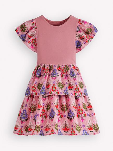 Mini Boden Kids' Short Sleeve Tiered Dress, Multi, Multi