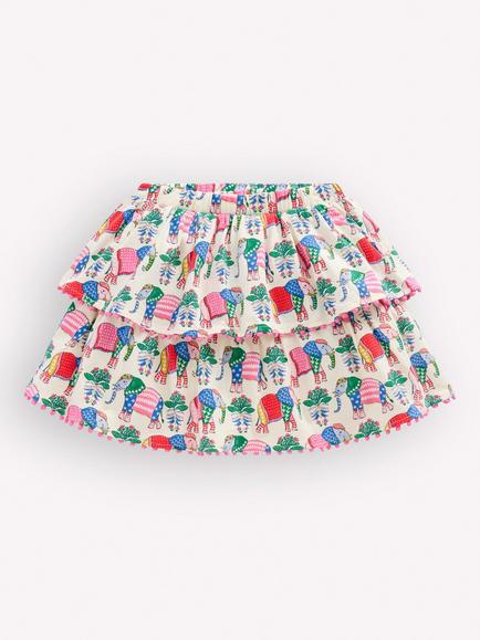 Mini Boden Kids' Cotton Elephant Print Ruffle Skort, Multi Woodblock, Multi Woodblock