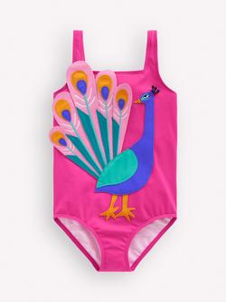 Mini Boden Kids' Peacock Applique Swimsuit, Pink, Pink