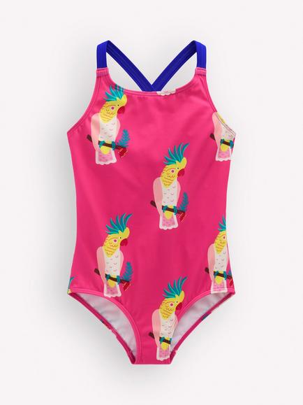 Mini Boden Kids' Printed Cross Back Swimsuit, Pink Tropical Bird, Pink Tropical Bird