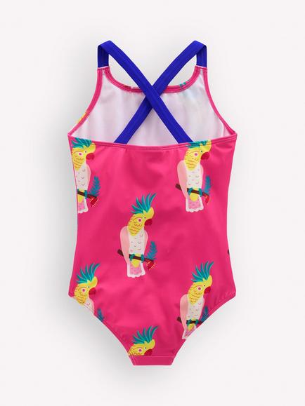Mini Boden Kids' Printed Cross Back Swimsuit, Pink Tropical Bird - view 2, Pink Tropical Bird