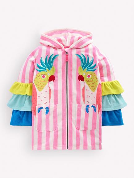 Mini Boden Kids' Fun Romie Towelling Jacket, Stripe Frill Parrot, Stripe Frill Parrot