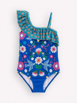 Mini Boden Kids' Lila One Shoulder Ruffle Swimsuit, Blue, Blue