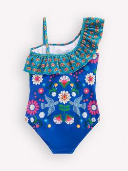 Mini Boden Kids' Lila One Shoulder Ruffle Swimsuit, Blue - view 2, Blue