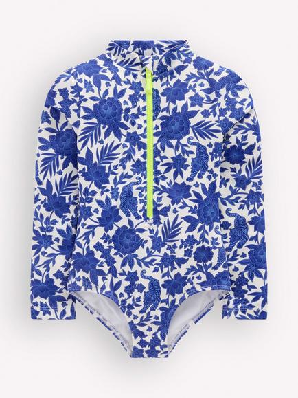 Mini Boden Kids' Long Sleeve Printed Swimsuit, Blue, Blue