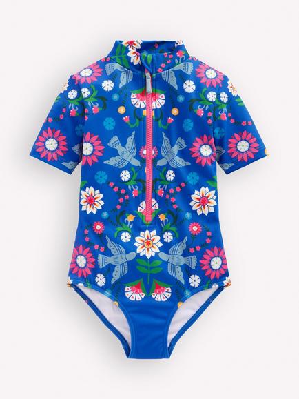 Mini Boden Kids' Printed Short Sleeve Swimsuit, Blue, Blue