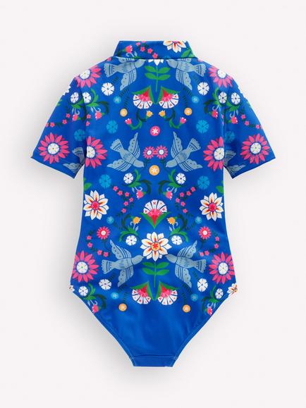 Mini Boden Kids' Printed Short Sleeve Swimsuit, Blue - view 2, Blue