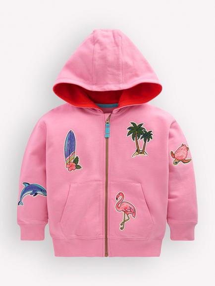 Mini Boden Kids' Superstitch Hoodie, Pink Badges, Pink Badges