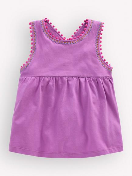 Mini Boden Kids' Cross Back Pom Pom Trim Dress, Chalky Violet, Chalky Violet