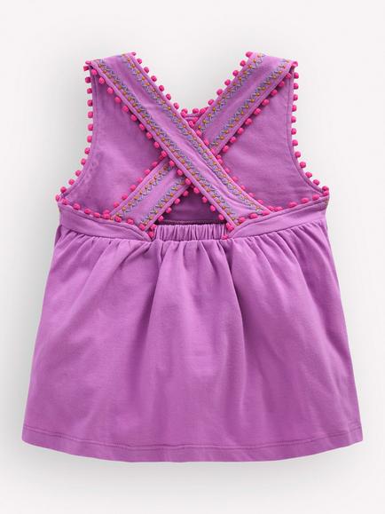 Mini Boden Kids' Cross Back Pom Pom Trim Dress, Chalky Violet - view 2, Chalky Violet