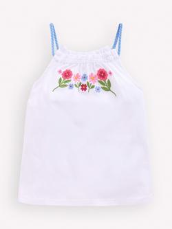 Mini Boden Kids' Plaited Strap Floral Embroidered Top, White, White