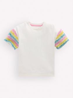Mini Boden Kids' Tulle Ruffle Sleeve T-Shirt, White, White