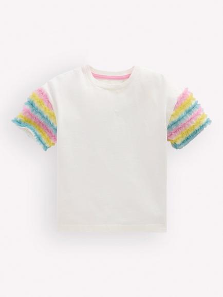 Mini Boden Kids' Tulle Ruffle Sleeve T-Shirt, White, White