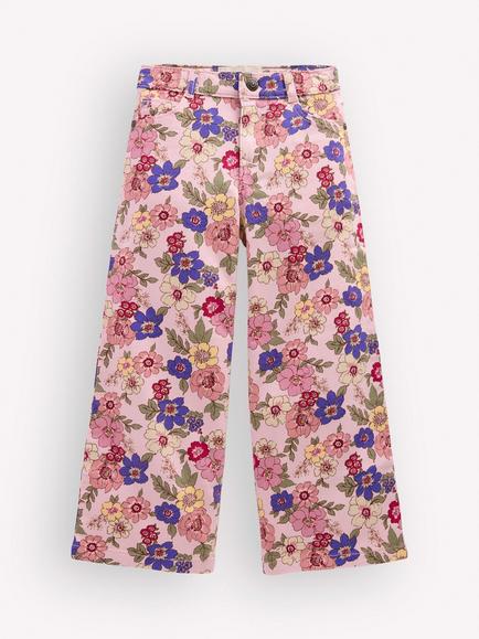 Mini Boden Kids' Wide Leg Jeans, Pink Floral Bloom, Pink Floral Bloom