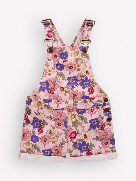 Mini Boden Kids' Short Dungarees, Pink Floral Bloom, Pink Floral Bloom