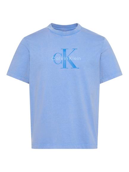 Calvin Klein Monologo Crew Neck Cotton T-Shirt, Mid Blue - view 2, Mid Blue
