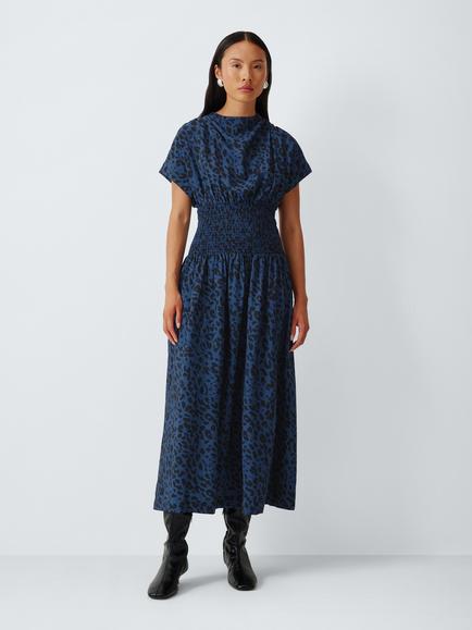 John Lewis Animal Print Short Sleeve Shirred Waist Midi Dress containing LENZING™ ECOVERO™ Viscose, Teal, Teal