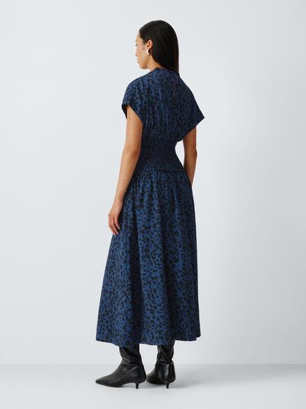 John Lewis Animal Print Short Sleeve Shirred Waist Midi Dress containing LENZING™ ECOVERO™ Viscose, Teal - view 2, Teal