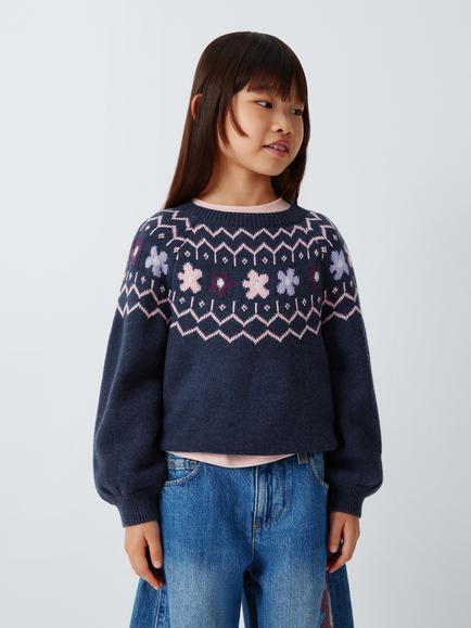 John Lewis Kids' Floral Christmas Jumper, Blue, Blue