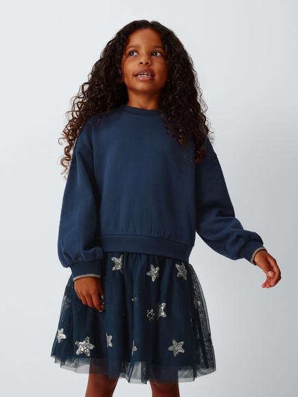 John Lewis Kids' Half and Half Sequinned Star Dress, Navy, Navy