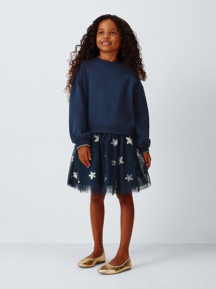 John Lewis Kids' Half and Half Sequinned Star Dress, Navy - view 2, Navy