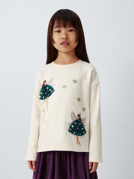 John Lewis Kids' Embellished Fairy Long Sleeve Top, Cream, Cream
