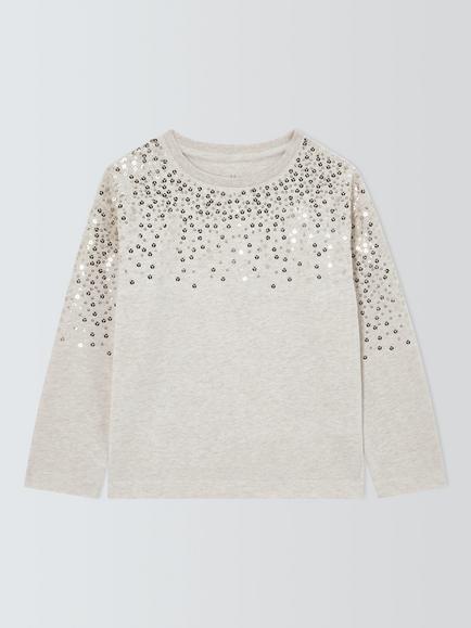 John Lewis Kids' Sequins Long Sleeve Top, Cream, Cream