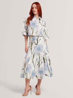 Ted Baker Chanla Floral Print Linen Cotton Blend Midi Skirt, White/Blue/Green, White/Blue/Green