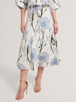 Ted Baker Chanla Floral Print Linen Cotton Blend Midi Skirt, White/Blue/Green - view 2, White/Blue/Green