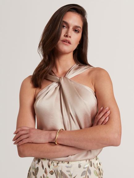 Ted Baker Myllia Knit Sleeveless Satin Twist Neck Top, Gold, Gold