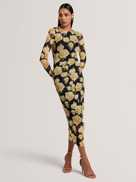 Ted Baker Elvyn Long Sleeve Floral Bodycon Dress, Black/Yellow, Black/Yellow