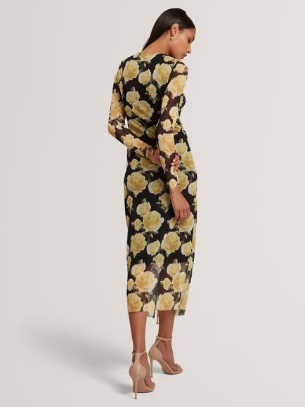 Ted Baker Elvyn Long Sleeve Floral Bodycon Dress, Black/Yellow - view 2, Black/Yellow