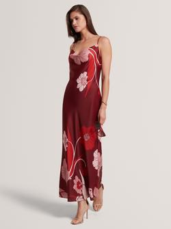 Ted Baker Indora Sleeveless Cowl Neck Floral Print Satin Maxi Dress, Red/Multi, Red Multi