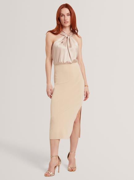 Ted Baker MELLANA Satin Twist Neck Midi Dress, Gold, Gold